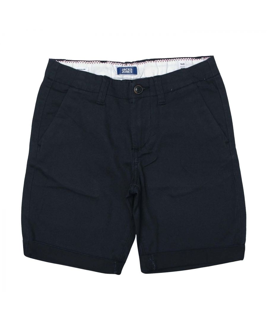 Junior Boys Jack Jones Basic Chino Shorts in navy.- Four pocket design.- Zip fly and button fastening.- Stretch for comfort.- The turn-ups can be adjusted.- Shell: 98% Cotton  2% Elastane.- Ref: 12212400