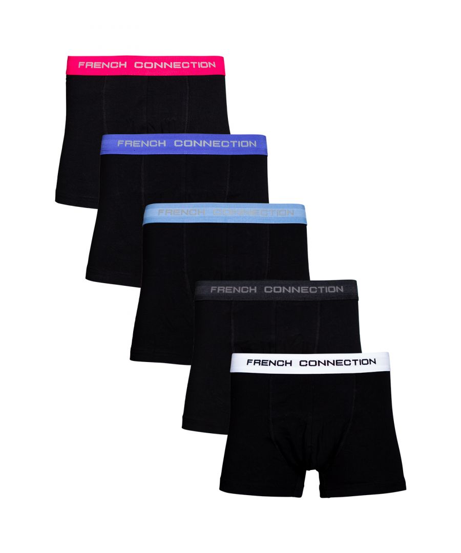 Refresh your everyday essentials with French Connection and this multipack of five classic boxer trunks. Crafted from super soft stretch cotton offering day-long comfort and breathability. Each pair are fitted with an elasticated waistband and contrasting logo details for a signature touch. Five Pack, Stretch Cotton, Elasticated Waistband, 95% Cotton & 5% Elastane, French Connection Branding.