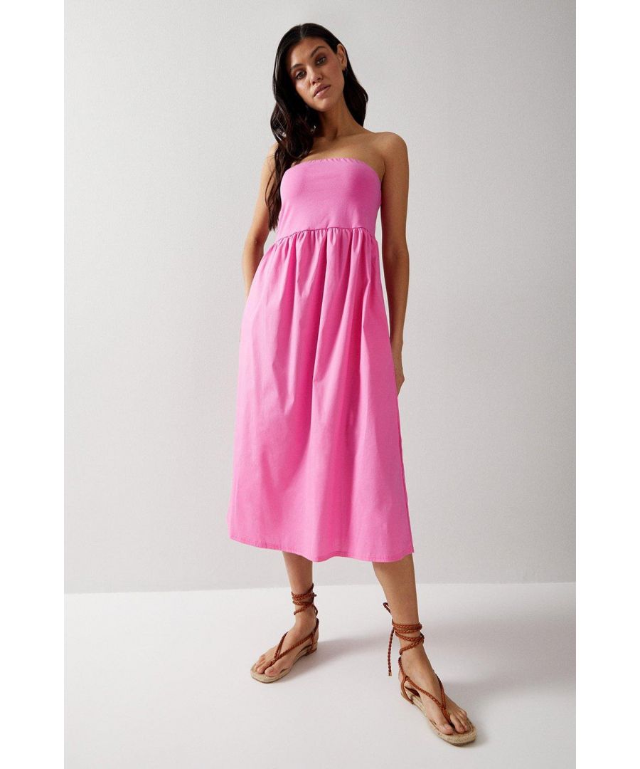 Warehouse Womens Bandeau Woven Mix Midi Dress - Pink Cotton - Size 16 Uk