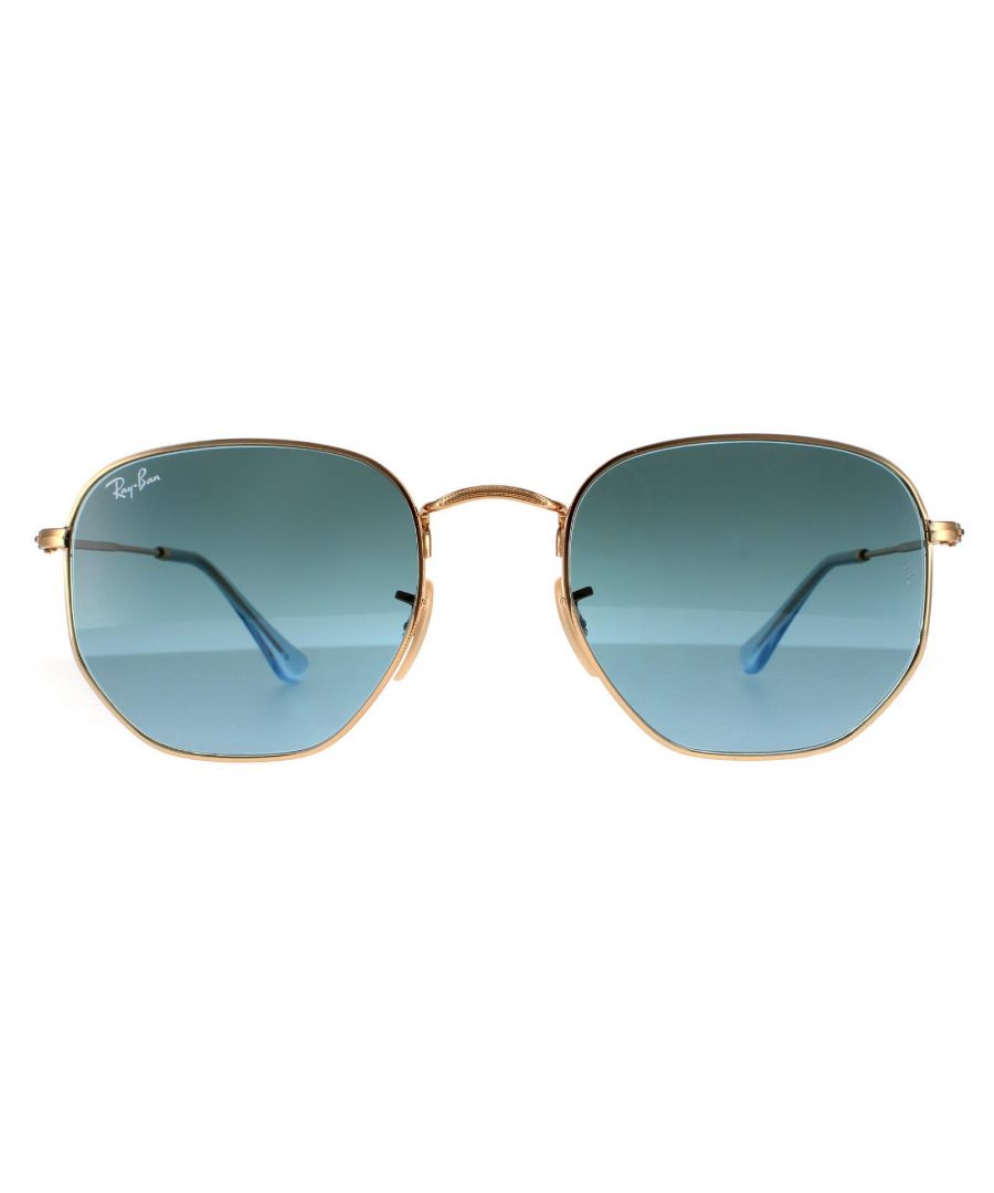 Ray-Ban Sunglasses Hexagonal RB3548N 91233M Gold Blue Grey Gradient are a very unique hexagonal shaped frame and feature the latest flat crystal lenses for a updated version of the classic metal round sunglasses. Super thin temples and coined profile to the frame finish the modern fashionable look.