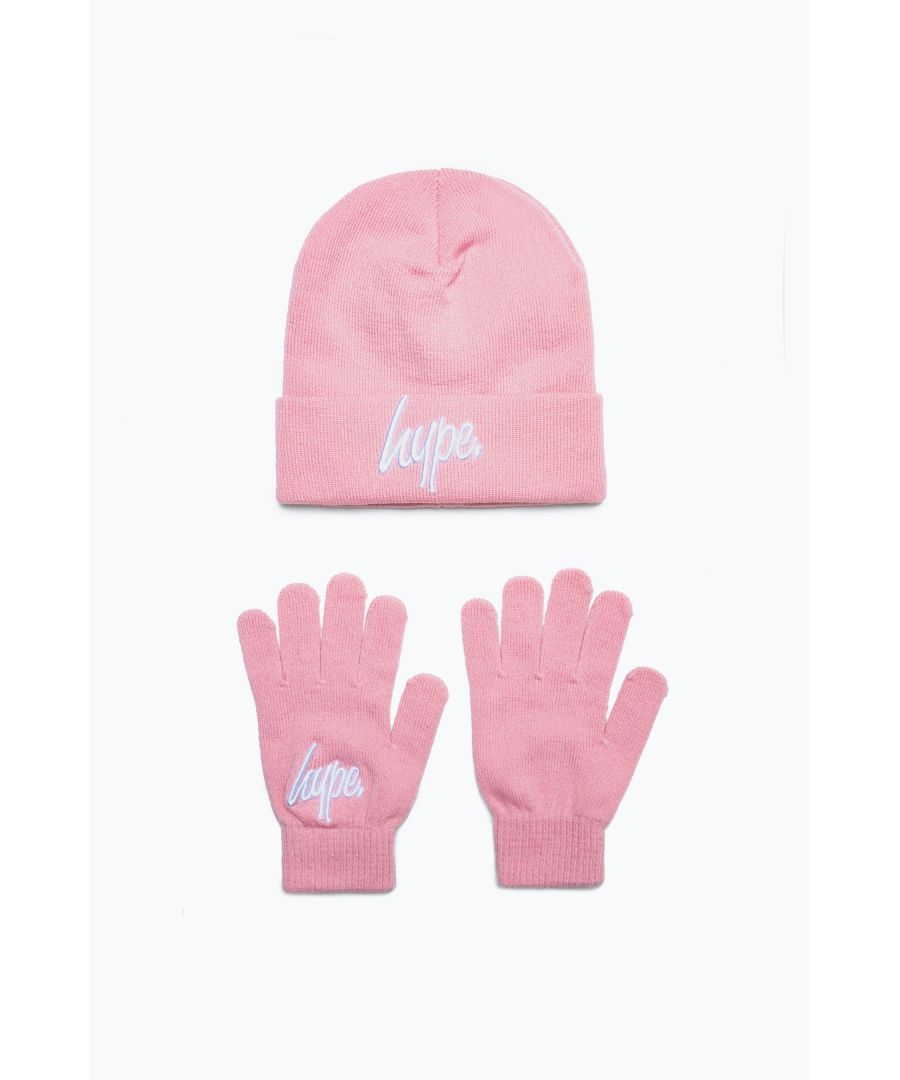 Whether it's raining, snowing or hailing, we have the perfect duo to keep you snug in style on those colder days. Our HYPE. Pink Beanie and Glove Set is a must have essential. With a soft-touch woven acrylic fabric for supreme comfort, finished with the iconic HYPE. script logo embroidered on the front in a contrasting white. Machine washable.