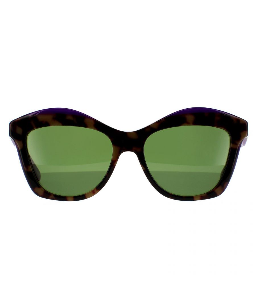 Salvatore Ferragamo Sunglasses SF941S 227 Havana Vintage Violet Green are a super feminine square style with upswept lenses and Ferragamo branding on the temples.