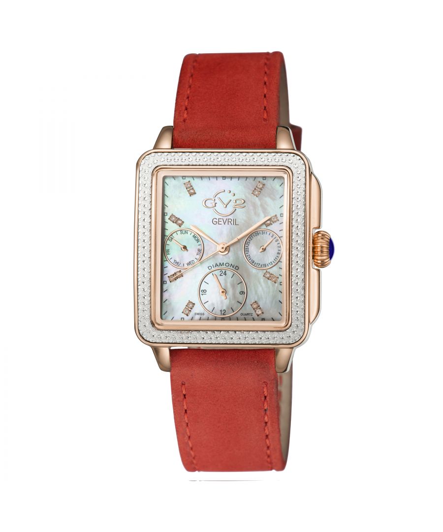GV2 Dames Bari Suede goudkleurig Zwitsers quartz rood lederen horloge