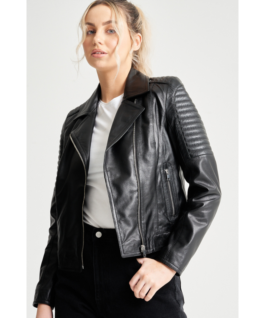 Meet Charli, the iconic ribbed sleeve biker from Barneys Originals. Made from lightweight sheep leather with a textured finish, this ribbed sleeve biker jacket is a true must-have. A little quilted wadding ads dimension and texture to the shoulder and bicep area. This edgy biker is sure to become your new favourite jacket.