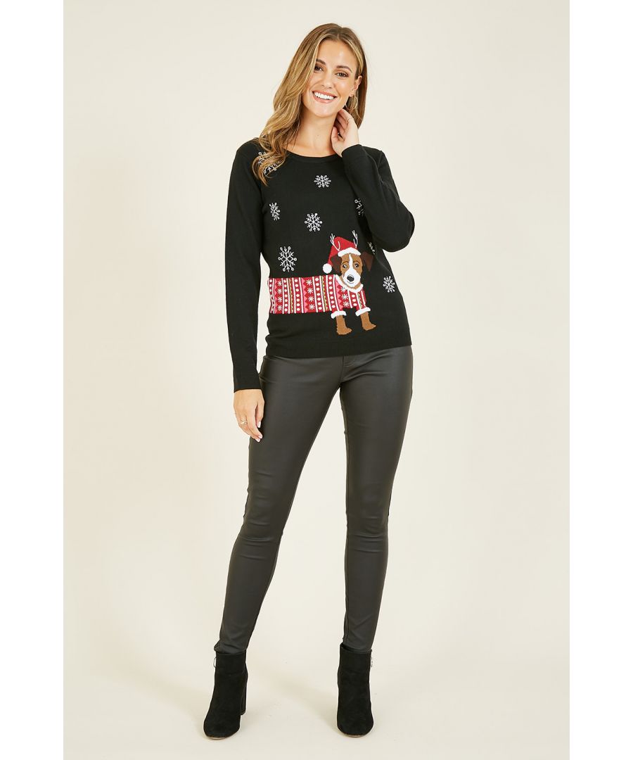 Ho Ho Ho, It's that time of year again. Tuck into mince pies in this close fitted Yumi Xmas Sausage Dog Knitted Jumper.  Knitted with a snowflake pattern and cute santa hat sausage dog. Pair with jeans, leather trousers, or officewear.