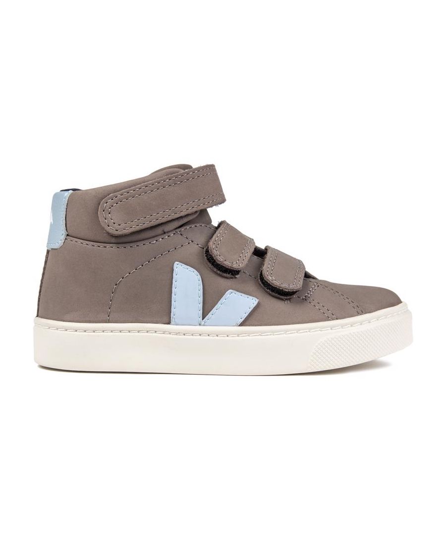 Infants Grey Veja Espar Mid Leather Trainers With Triple Easy Hook And Loop Fastening, And Iconic Logo In Light Blue On Side And Heel Pad. These Mini Versions Of The Adult Espar Have A Padded Textile Lining And Off-white Rubber Sole.