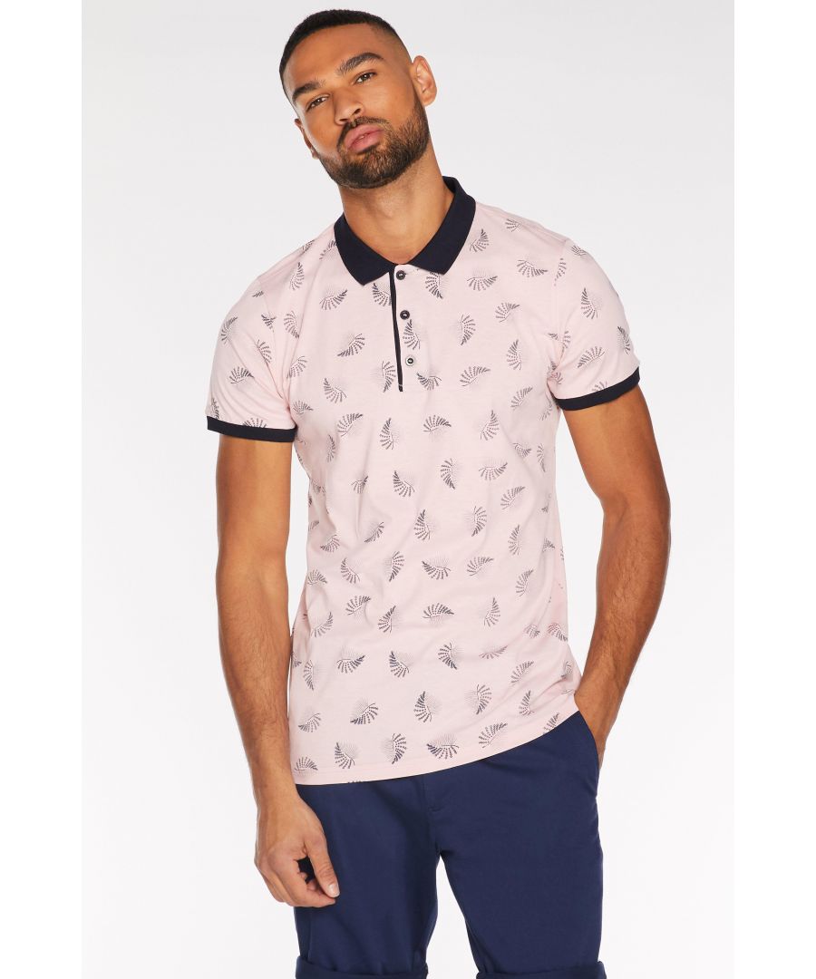 Image for Leaf Print Polo Shirt with Contrast Collar & Sleeves in Pink