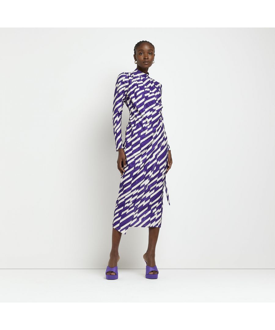 > Brand: River Island> Department: Women> Colour: Purple> Style: Bodycon> Material Composition: 98% Polyester 2% Elastane> Material: Polyester> Neckline: High Neck> Sleeve Length: Long Sleeve> Dress Length: Midi> Pattern: Printed> Occasion: Party/Cocktail> Season: AW22