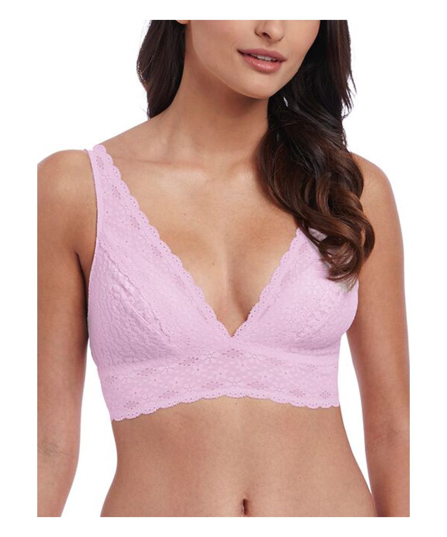 Wacoal Halo Lace Bralette. This soft cup bralette is non wired for ultimate comfort.  The deep v-neckline means this bralette is perfect under any outfit. The two section, lined cups offer support and uplift and has boning at the side for added structure.  The wings are lined lace with an all over stretch lace under bust band.  This bralette fastens at the back with 2 hooks and eyes across 3 rows and has an adjustable J-hook to convert to racerback.  This stunning Helenca lace range is perfect for your lingerie collection.