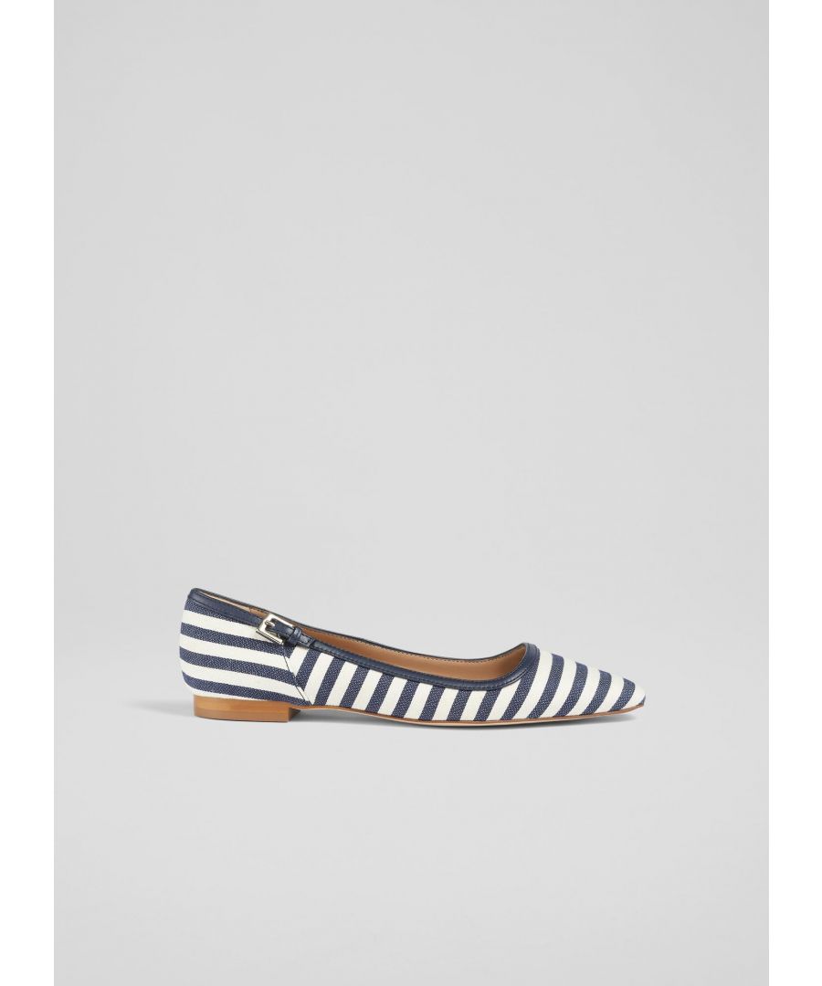 Nothing says spring quite like a stripe, and our Andrea flats have been treated to Breton-style stripes this season. Crafted in Spain from a navy and cream striped fabric, they have a squared-off toe, a navy leather trim with silver buckle detail and a low stacked heel. Wear them as an alternative to sandals until the weather warms up.