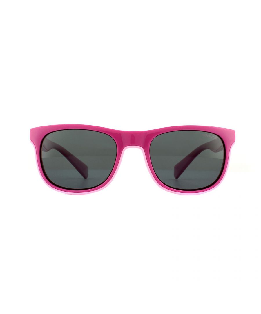 Polaroid Kids Sunglasses PLD 8035/S MU1 M9 Fuschia Grey Polarized are a vibrant rectangular style for kids. The lightweight acetate frame is super comfortable for all day wear and is designed to fit children aged 8-12 years. Polarized lenses will ensure a comfortable view and the temples are signed off with the Polaroid logo.