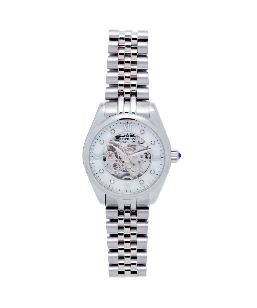 316L Surgical-Quality Stainless Steel Case; Jeweled Chinese 2653 Automatic Movement; Jewel Bearings: 24 Jewels; 41 Hour Power Reserve; Beats per Hour (BPH): 21600/Hour; Sapphire-Coated Mineral Crystal; Mother of Pearl Dial; Skeleton Dial; 8 Crystal Markers on Dial; Observation Caseback to View Movement; Jewel-Tipped Crown; 316L Surgical-Quality Stainless Steel Bracelet; Logo-Engraved Stainless Steel Clasp; 37mm Case Diameter; 5ATM Water Resistance;