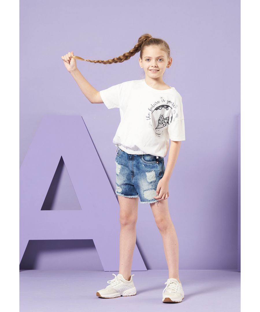 Look after your planet in a super soft cotton jersey tee with rib neckline. A gentle gathered waist with tie detail  shorter length and dropped shoulder. A fashion staple. Angel & Rocket cares - made with Fairtrade cotton  Colour: White  100% Cotton  Look after me – Think planet  wash at 30c