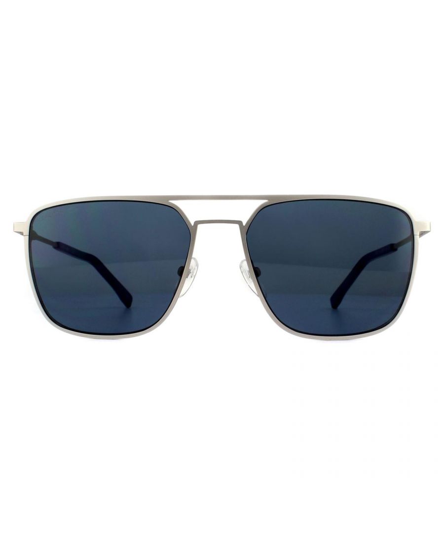 Lacoste Sunglasses L194S 045 Matt Silver Blue are a squared off aviator style with a flat look to the front and lettered Lacoste logo at the temples.
