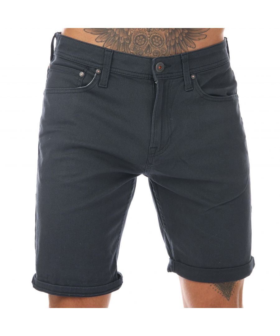 Mens Jack Jones Rick Original Shorts in navy.- Classic five-pocket design.- Zip fly and button fastening.- Medium weight and soft feel.- Rolled cuffs.- Regular fit.- 98% Cotton  2% Elastane. - Ref: 12228043C