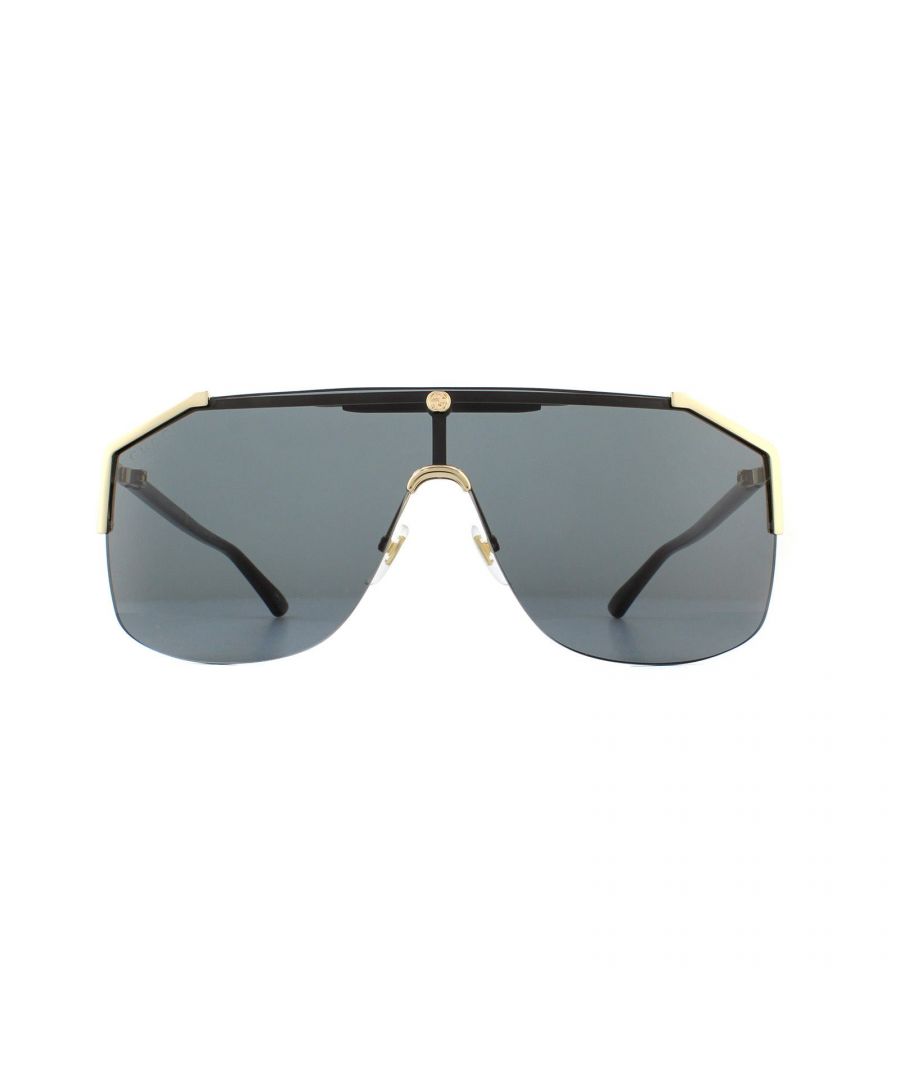 Gucci Sunglasses GG0291S 001 Gold and Black Grey are a bold design featuring one visor lens. Crafted from metal and plastic with adjustable nose pads for comfort. The interlocking GG logo is located front and centre with the Gucci text logo on each temple.