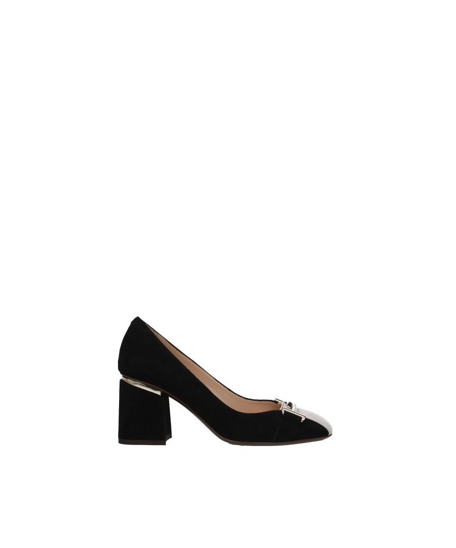 The product with code XXW11B0Z661HR01X17 suede is a women's pumps in black designed by Tod's. It has features like front detail, front logo. The product is made by the following materials: suede. Heel height type: mid heels. Heel Height: 7.5 cm. Bottom of shoes is rubber. Square toe. The product was made in Italy.