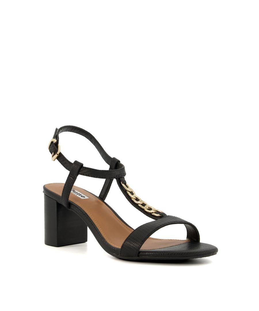 Our Jax sandals boast round-the-clock appeal. Resting on a faux-wooden block heel, our in-house designers accented the T-bar front with polished chain detailing to elevate the look. The ankle strap has a secure metal buckle fastening.