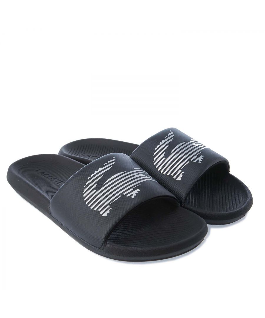 Mens Lacoste Croco Slide Sandals in black silver.- Synthetic upper.- Slip on closure.- Water-repellent technology.- Moulded foot bed and grippy outsole.- Silver branding to the straps.- Synthetic upper  Synthetic lining and sole.- Ref.: 741CMA008022F