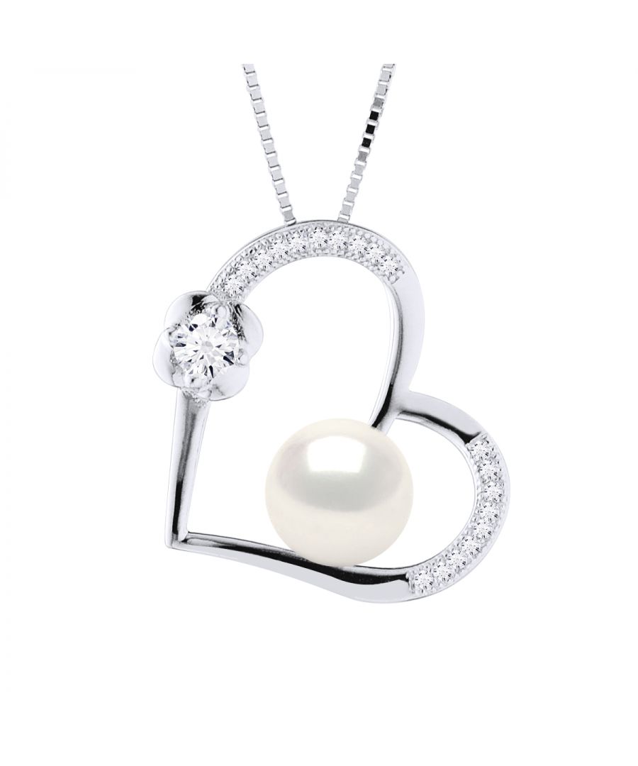 Necklace - Freshwater Pearl 8-9mm button - Heart Pattern & Oxides - Box Chain Rhodium 925 Thousandth - Length: 42 cm - Delivered in a case with a certificate of authenticity and an international Warranty - All our jewelry are manufactured in France.