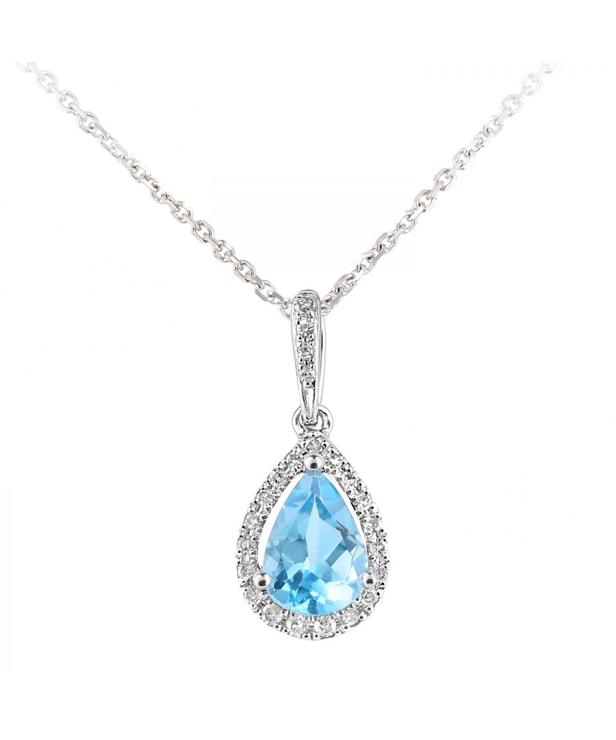 9ct witgouden ketting met diamanten en blauwe topaas druppelvormige hanger