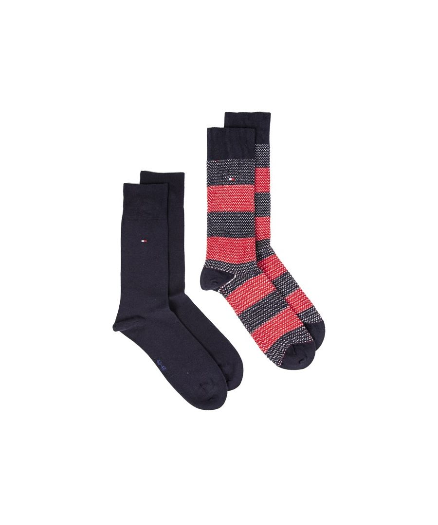 Mens blue Tommy Hilfiger 2 pack casual socks, manufactured with cotton. Featuring: twin pack, woven branding, 100% cotton, medium fits uk 6-8 and large fits uk 9-11.