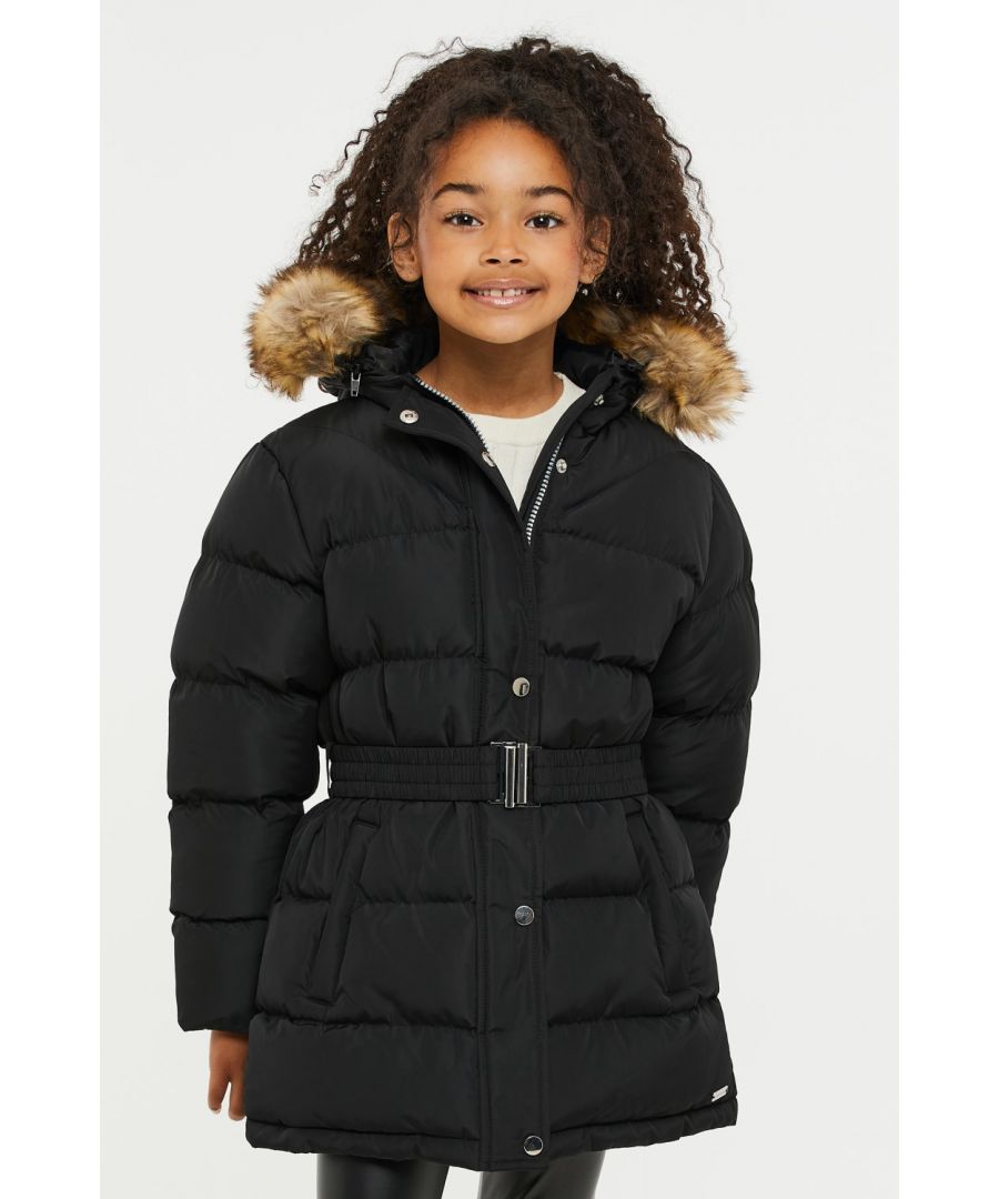This belted hooded, padded jacket from Threaded features a hood with faux fur trim, branded badge on the sleeve, zip and popper fastening closure. It also has two side pockets and an elasticated waist belt that fastens with a silver buckle. Whether for school or out and about, this jacket is perfect. Other colours and styles are also available.