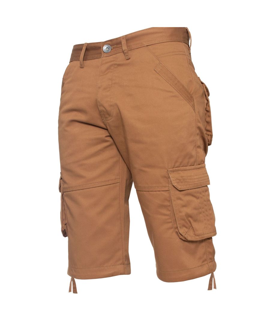 Enzo Mens Designer Cargo Combat Shorts, in Tan, 65% Polyester, 35% Cotton, 7 Pocket Design, Single Coin Pocket, 2 Front Pockets with Extra Fabric Stitching Detail, 2 Side, 2 Back Bellow Pockets with Velcro Fastening, Adjustable Drawstring to the Hems, Mid Rise, Button Fly Fastening, Machine washable, Ideal for Casual and Heavy Duty Work Wear Occasions 
