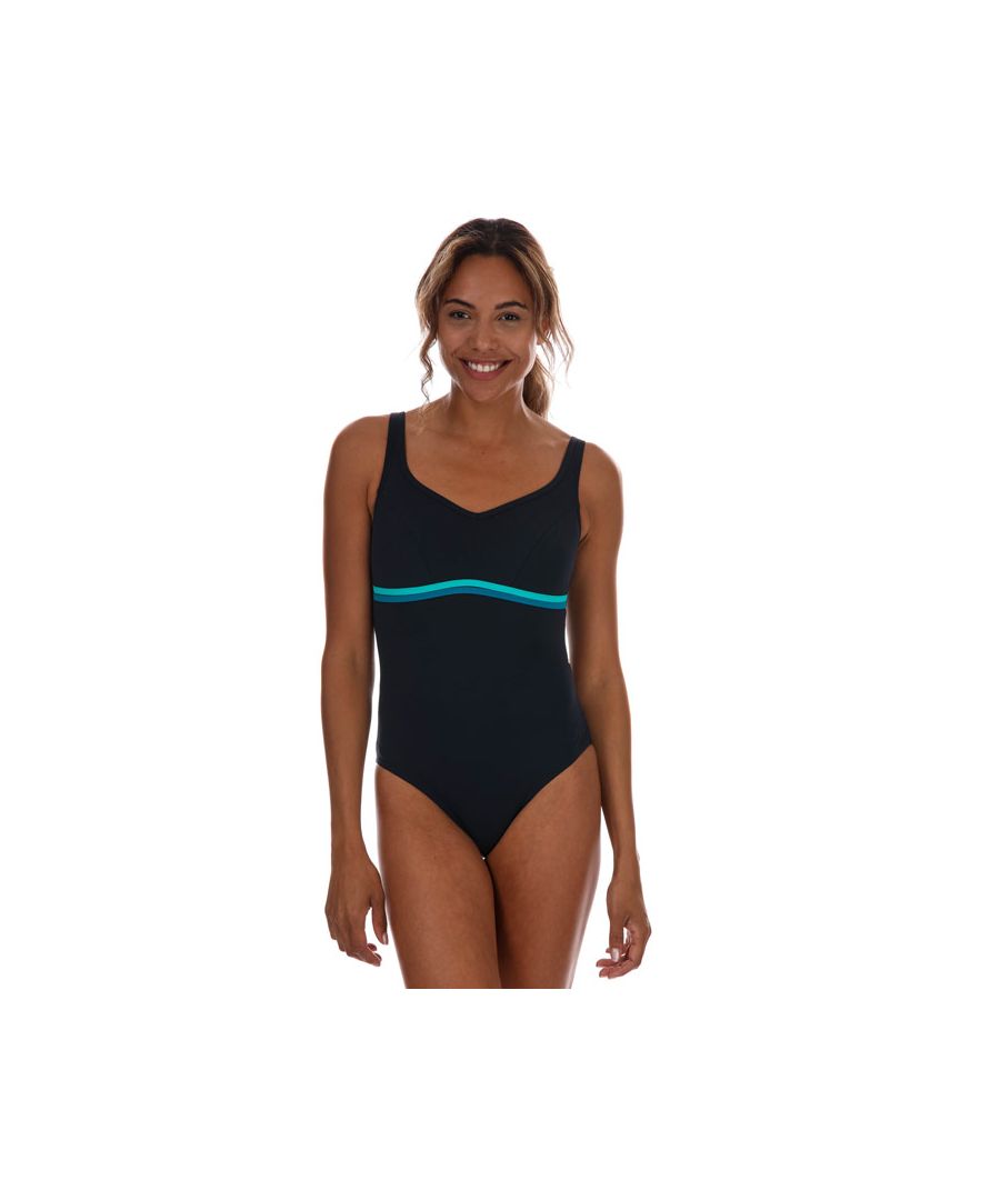 Womens Speedo Sculpture Contourluxe Swimsuit in navy - green.Body shaping swimsuit  from the Speedo Sculpture collection.- XtraLife Lycra fits like new for longer with increased chlorine resistance.- ShapeComprexUltra fabric comfortably shapes and controls the tummy and waist.- V-neckline with contrast stripe detail flatters the bust and creates a slimming effect.- Flattering V-back.- Integral bust support for added comfort and security.- Soft and smooth adjustable straps enhance security and fit.- Leg height: Medium.- Body: 69% Nylon  31% Elastane.  Lining: 100% Polyester.  Machine washable.- Ref: 8-10417F406Please note that returns will only be accepted if the hygiene label is still attached to the product.