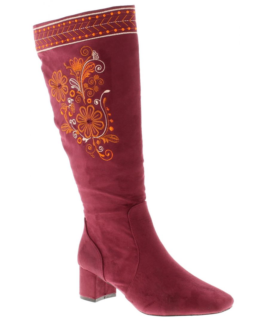 Wynsors Embroidered Womens Long Boots Burgundy. Fabric Upper. Fabric Lining. Synthetic Sole. Ladies Womans Boho Zip Heel Fashion Long.