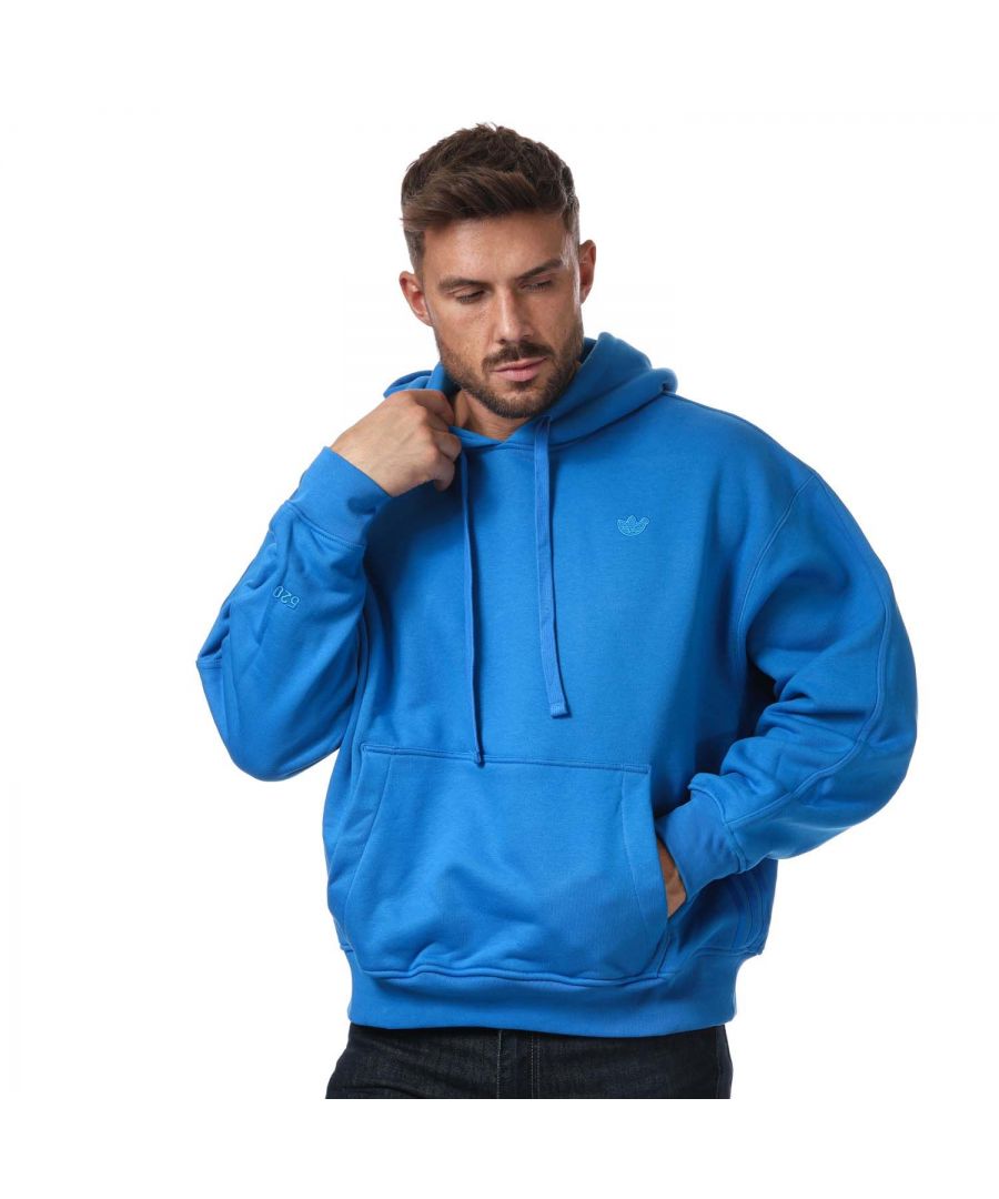 Mens adidas Originals Blue Version Essentials Hoody in blue.- Drawcord-adjustable hood.- Long sleeves.- Kangaroo style pocket to front.- Ribbed cuffs and hem.- Tonal 3-Stripes along the sides and 70s-inspired tonal Trefoil logo.- Loose fit.- Main Material: 97% Cotton  3% Elastane. - Ref: H33459
