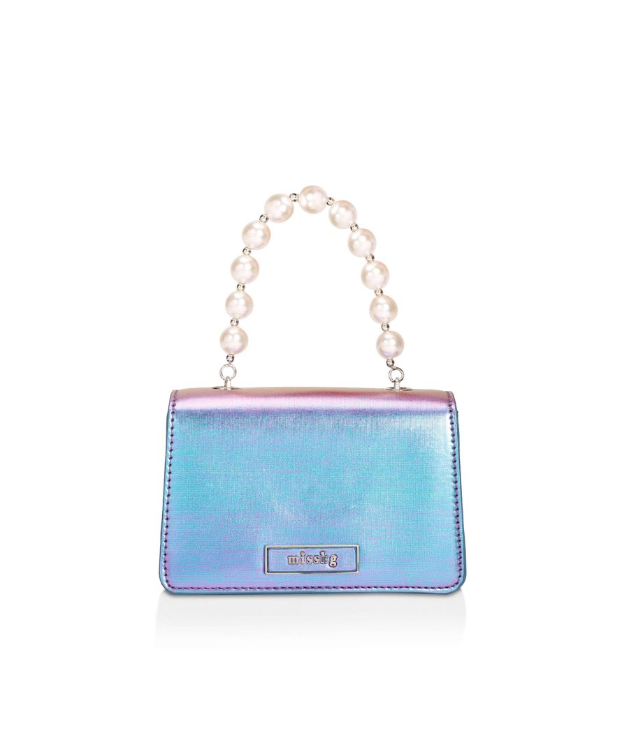 The purple Melody bag from Miss KG features a short pearl handle, alongside a longer strap for cross-body versatility.