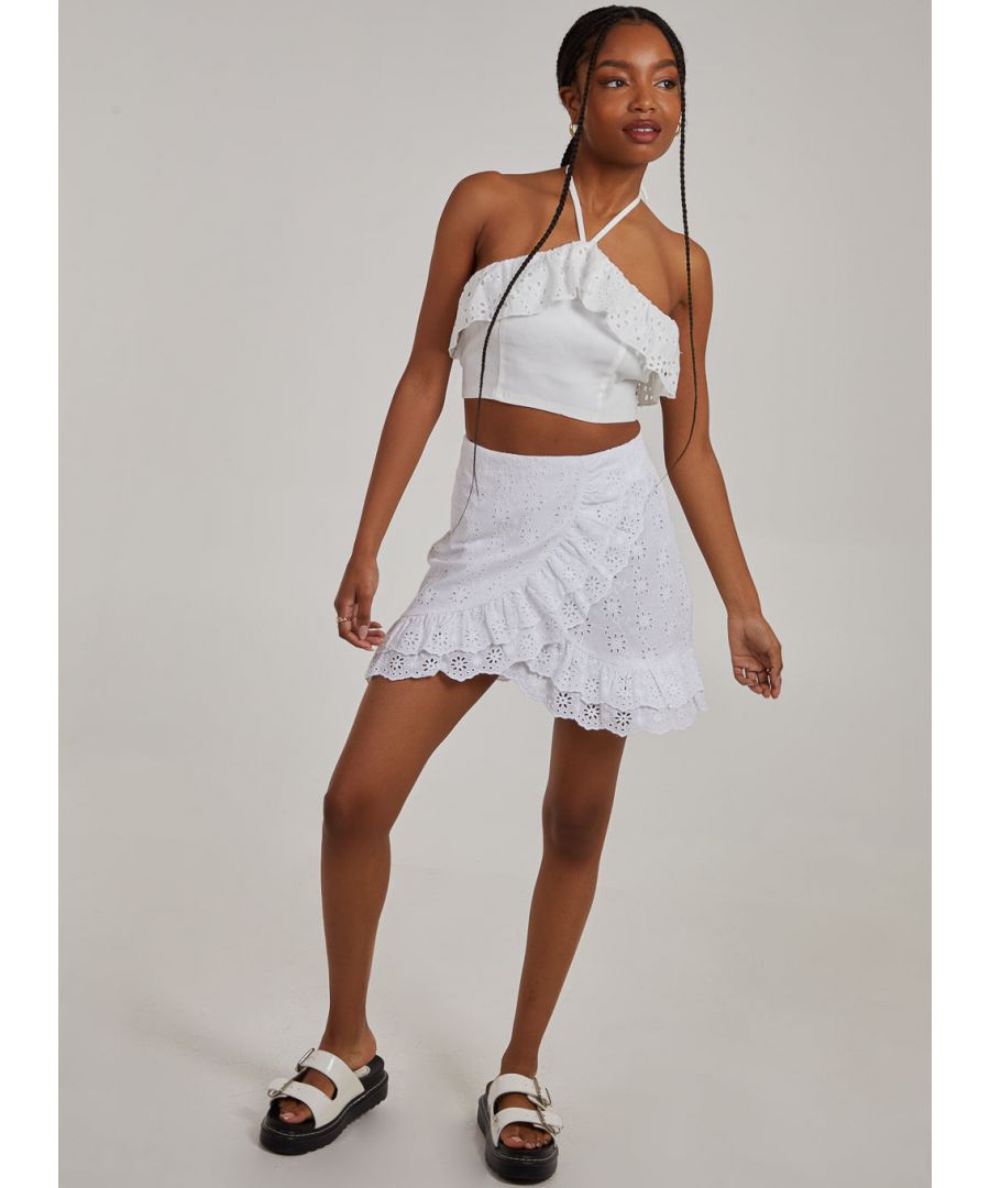 Pink Vanilla Womens Halter Neck Broderie Frill Hem Crop Top - Ivory - Size Small