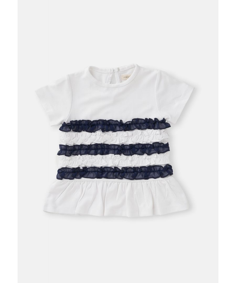 Refresh your wardrobe with the frill t-shirt. Made from a super soft viscose blend  this jersey tee is embellished with pretty frill detail in a stylish stripe design. With short sleeves  a rounded neckline  and popper button fastenings at the back for easy dressing.   Colour: White / Navy   About me: 95% viscose  5% elastane   Look after me: think planet  machine wash at 30c.