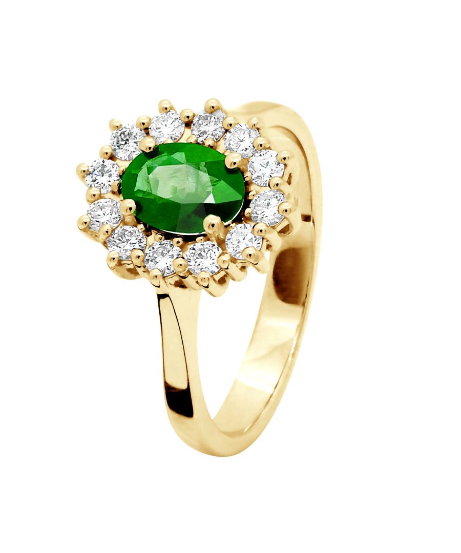 Marquise Ring EMERALD 0,85 Cts - Entourage Diamond 0,36 Cts - Quality HSi (Color H - Quality Si1) - Grootte Glossy - Serti Claws - Verkrijgbaar van maat 48 tot maat 60 - Yellow Gold 750 duizendste (18K) - 2 jaar garantie op fabricagefouten - wordt geleverd in een zaak met een certificaat van echtheid en een Internationale Garantie - Al onze juwelen zijn gemaakt in Frankrijk.