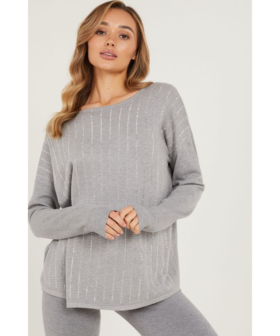 Image for Grey Diamante Knitted Jumper