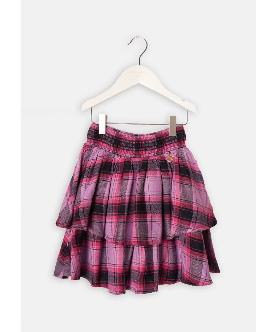 Check me out! Tiered flippy skirt with chunky elasticated waistband in a soft brushed check cotton. This skirt will be your go to this season.. Pink. About me: 100% Viscose. Look after me: Think planet. wash at 30c.