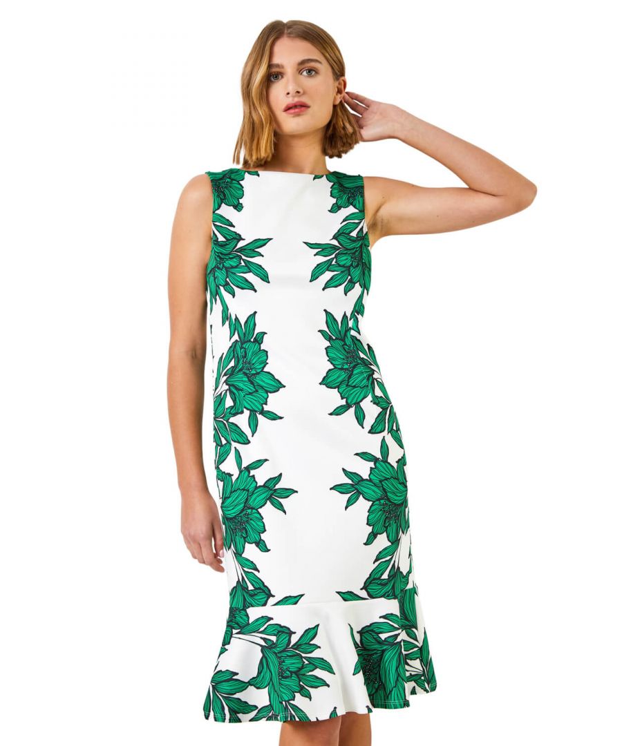 Roman Women's Floral Border Print Frill Stretch Dress|Size: 10|green