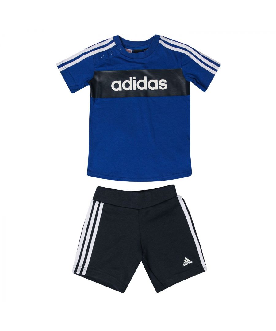 Baby adidas T- Shirt Set in royal blue.- T- Shirt:- Ribbed crew neck with snap closure.- Short sleeves.- Printed branding.- 3- Stripes.- Main material: 100% Cotton. Machine washable. - Shorts:- Elastic waistband.- adidas Badge Of Sport logo printed at left thigh.- 3-Stripes to sides.- Main material: 67% Cotton  33% Polyester (Recycled). Machine washable. - Ref: GV5362B
