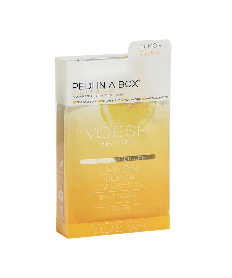 Voesh Lemon Quench Deluxe 4 Step Pedicure In A Box with Lemon Extract.  The Cleanest And Most Hygienic Spa Pedicure Solution. Enriched With Key Ingredients To Give Your Feet The Nutrition It Needs. Each Product Is Individually Packed With The Right Amount For A Single Pedicure.\n\nThe Perfect Pedi For:\nDIY At-Home Pedicure\nDate Night\nBachelorette Parties\nGirls’ Night In\n\nThe kit contains:\nSea Salt Soak: This soak helps relieve tension, stiffness, minor aches and discomfort in your feet. It helps detox and deodorize the feet.\nSugar Scrub: The scrub gently exfoliates dead skin cells and helps soften your feet. Perfect for use on the soles on your feet.\nMud Masque: The masque removes deep-seated impurities in your skin leaving your feet feeling clean and revived.\nMassage Cream: The massage cream hydrates and soothes skin. It softens the soles of your feet and helps prevent dryness and roughness.\n\n4 Step Includes\nSea Salt Soak 35g: to detox & deodorize the feet.\nSugar Scrub 35g: to gently exfoliate dead skin.\nMud Masque 35g: to deep cleanse impurities.\nMassage Butter 35g: to hydrate and soothe skin.