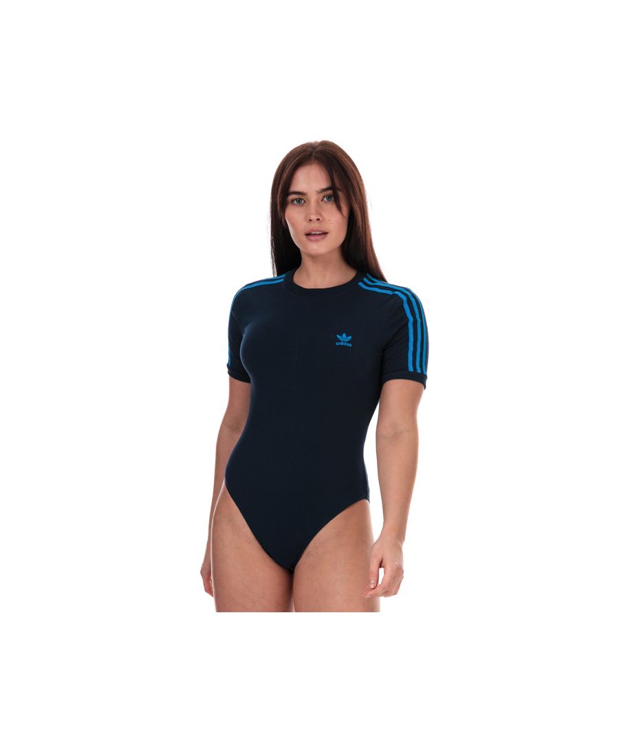 Womens adidas Originals Bodysuit in navy.<BR><BR>- Crewneck.<BR>- Embroidered branding.<BR>- Applied 3-Stripes at shoulders and sleeves.<BR>- Full zip fastening.<BR>- Popper fastening.<BR>- Short sleeves with ribbed cuffs.<BR>- Woven herringbone back neck tape.<BR>- Soft and stretchy cotton jersey fabric.<BR>- Tight fit.<BR>- 93% Cotton  7% Elastane .Machine washable.<BR>- Ref: EJ9348