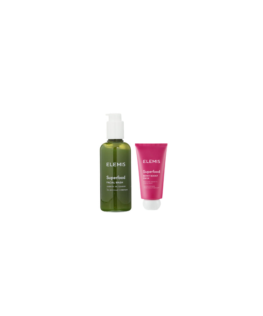 The Superfood Cleansing Duo contains: Elemis Superfood Berry Boost Mask 75ml and Elemis Superfood Facial Wash Prebiotic Gel Cleanser 200ml. Balance and revitalise your T-zone with this anti-oxidant packed pair - watch your skin glow!