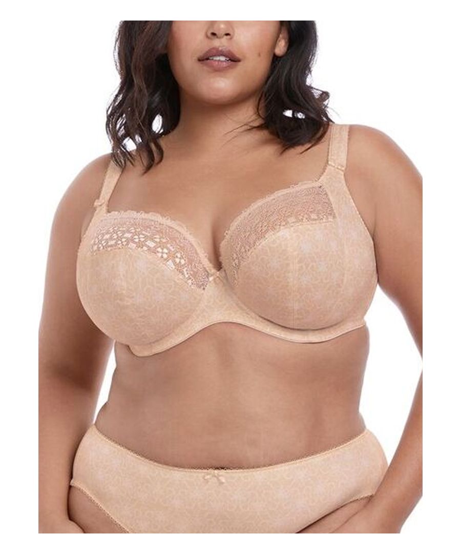 Elomi Kim, feel comfortable all day long in this beautiful plus sized banded side support plunge bra.  The underwired cups are non padded with geometric prints and chic lace trims.  The stretch lace fabric and three section cups with side support provide added comfort and a forward projection.  The low cut front gives uplift and plunge without push up.  It is ideal to wear under low cut tops and dresses.  This bra is a must have!