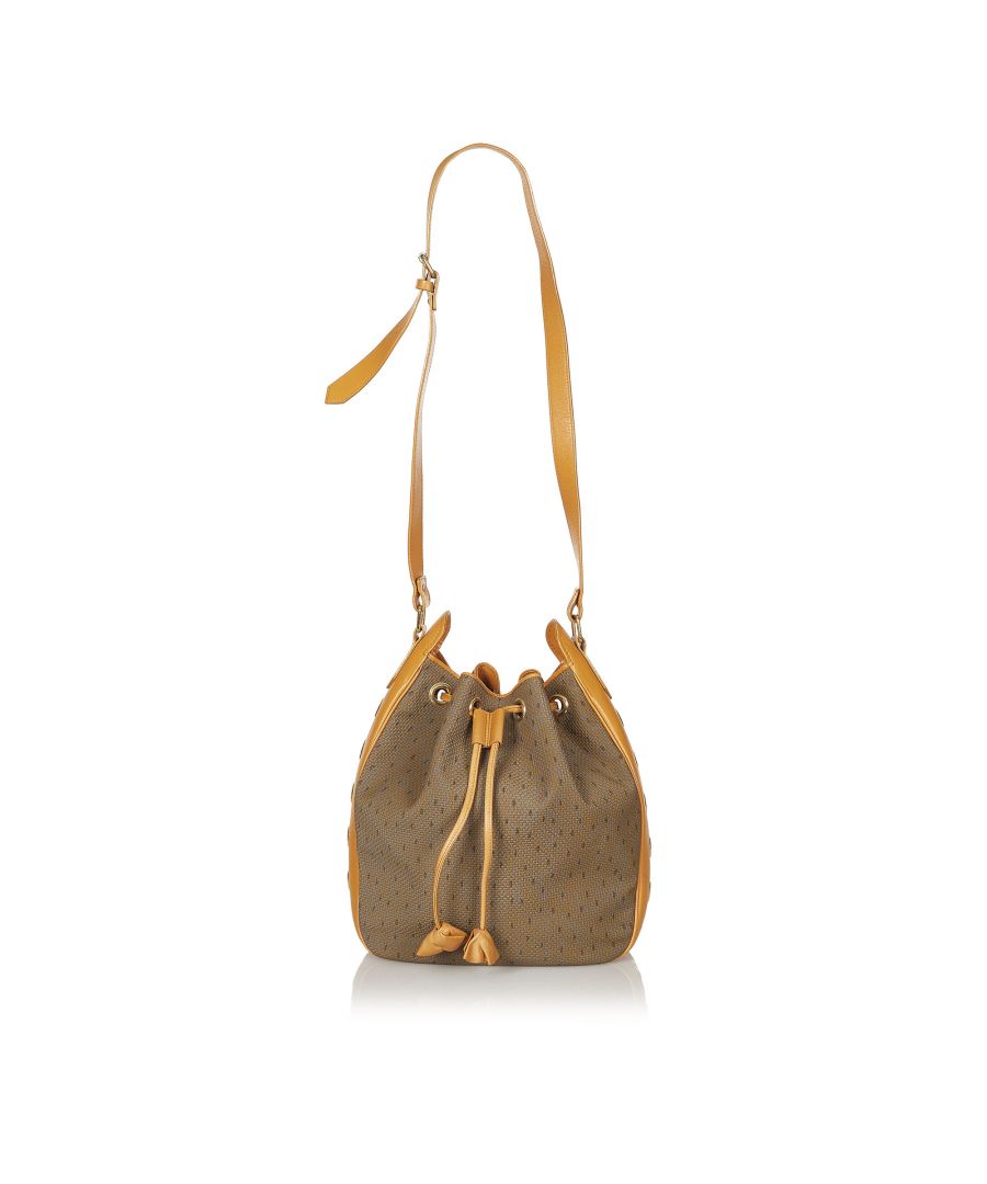 VINTAGE. RRP AS NEW. This bucket bag features a canvas body with leather trim, a flat leather strap, and a drawstring closure.Exterior Front Discolored. Exterior Back Discolored. Exterior Botton Discolored. Exterior Handle Discolored. Exterior Corners Discolored. Exterior Side Discolored. Zipper Rusty/Tarnished. \n\nDimensions:\nLength 33cm\nWidth 37cm\nDepth 7cm\nShoulder Drop 49cm\n\nOriginal Accessories: This item has no other original accessories.\n\nColor: Brown x Brown x Light Brown\nMaterial: Fabric x Canvas x Leather x Calf\nCountry of Origin: France\nBoutique Reference: SSU110100K1342\n\n\nProduct Rating: GoodCondition\n\nCertificate of Authenticity is available upon request with no extra fee required. Please contact our customer service team.