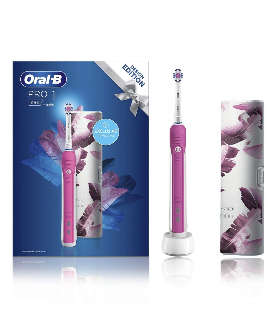 Oral-B Pro 680 3D Pink-White Electric Toothbrush with Travel Case.  Achieve a clinically proven superior clean vs. a regular manual toothbrush and whiter smile with the Oral-B Pro PRO 680 3D White electric toothbrush. The specialized cup polishes for whiter teeth starting from day 1 by removing surface stains and the round dentist inspired toothbrush head oscillates, rotates and pulsates to remove more plaque vs. a regular manual toothbrush. Together with the daily clean cleaning mode and an in-handle timer to help you brush for a dentist recommended 2 minutes, the Oral-B Pro PRO 680 3D White is a superior solution for your personalized brushing needs. Time coaching with an in-handle timer helps you brush for a dentist-recommended 2 minutes. Waterproof handle, Charger with charge level and full charge conformation LED, rechargeable NiMH battery lasts up to 10 days. So is ideal for trips and travelling!\n\nFeatures: \n\nDeep cleaning with 3D Technology,  oscillates, rotates and pulsates to remove up to 100% more plaque vs. a manual brush.\nRound head cleans better for healthier gums.\nBattery lasts up to 10 days.\nHelps you brush longer with the 2 minutes embedded timer.\nSpecialized cup polishes and whitens teeth starting from day 1 by removing surface stains\nRemoves more plaque than a regular manual toothbrush\nDentist-inspired round brush head oscillates, rotates and pulsates to break up and remove plaque\nRechargeable electric toothbrush with one mode: daily clean\nThis toothbrush comes with a UK 2-pin plug.\n\nThe box Contents: 1 handle with charger, 1 brush head, 1 travel case.