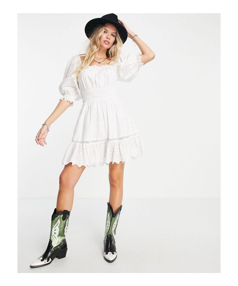 Mini dress by Topshop Square neck Puff sleeves Shirred, stretch waist Tiered hem Regular fit Sold by Asos