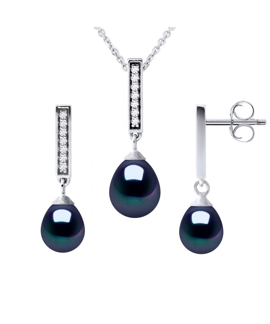 SET: Necklace Freshwater Pearl 7-8mm pear - BLACK - paving Rod zirconium oxides - Knitwear convict 925 Thousandth rhodium - Length 42 cm & Earrings Freshwater Cultured Pearl pear 6- 7 mm - BLACK - paving rod zirconium oxides - strollers System - 925 thousandth - a pair of silicone Strollers will be offered on the purchase - Delivered in a case with a certificate of authenticity and an international guarantee - All our jewels are made in France.