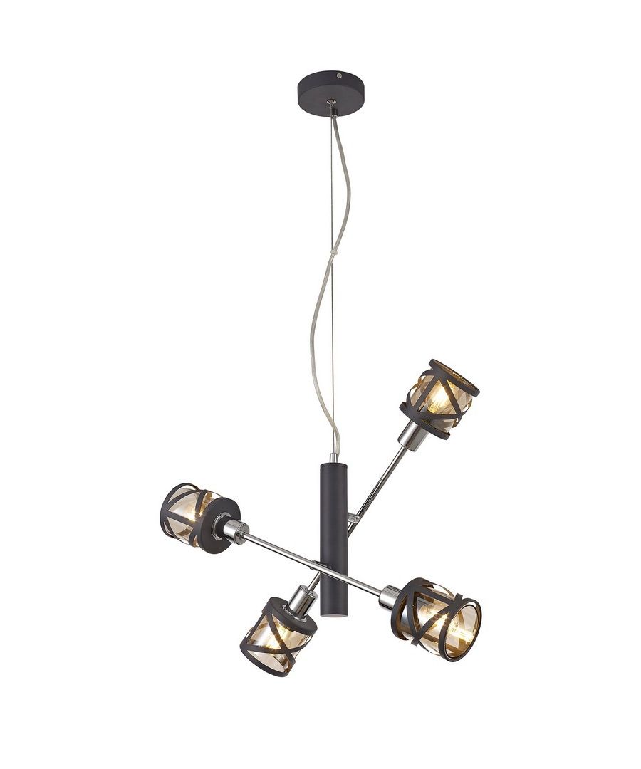 Finish: Polished Chrome, Matt Grey | Shade Finish: Cognac | IP Rating: IP20 | Min Height (cm): 25 | Max Height (cm): 126 | Length (cm): 48 | Width (cm): 20 | No. of Lights: 4 | Lamp Type: E14 | Dimmable: Yes - Dimmable Lamps Required | Wattage (max): 40W