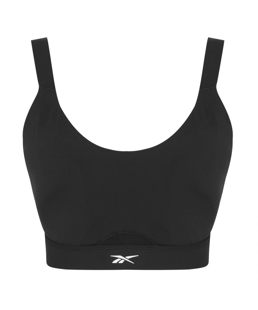 Reebok Hero Sports Bra Womens - This Reebok Hero Sports Bra is crafted with hook eye fastening and adjustable shoulder straps for a secure fit. It features flat lock seams to prevent chafing and is a lightweight construction. This bra is a solid colouring throughout designed with a signature logo and is complete with Reebok branding.