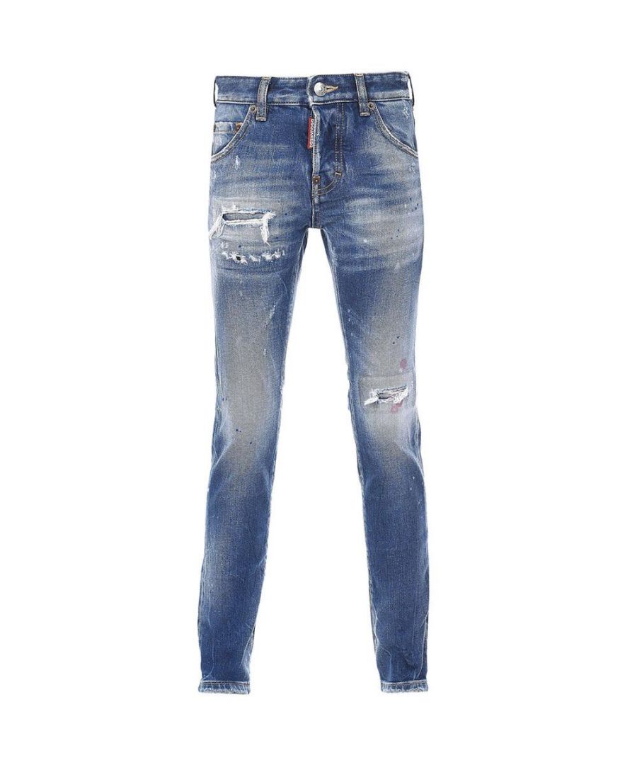 These Kids Blue distressed denim Jeans from Dsquared2 are crafted from stretch cotton and feature a distressed effect, ripped detailing, belt loops, concealed fly and button, classic five pockets and logo patch to rear.\n \nMid-blue\nStretch-cotton\nDistressed effect\nRipped detailing\nBelt loops\nLogo patch to the rear\nConcealed fly and button fastening\nClassic five pockets